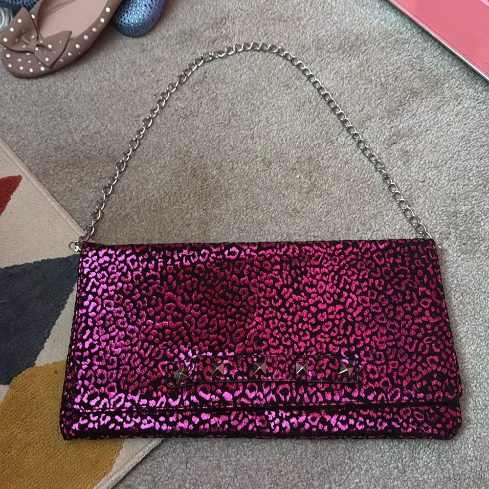 Pink metallic leopard print Betsey johnson clutch with removable strap